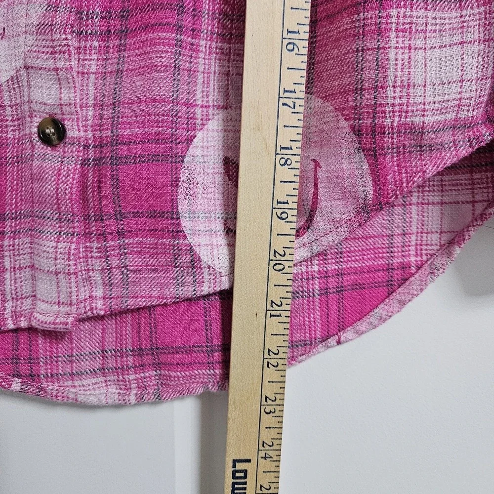 Y2K Justice Flannel Shirt Girls Size 10 Pink Plaid Smiley Face Button Down Retro